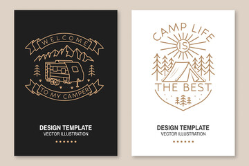 Camp life is the best. Vector. Concept for shirt or logo, print, stamp or tee. Line art flyer, brochure, banner, poster with camper tent, trailer, mountain and forest silhouette. Camping quote.