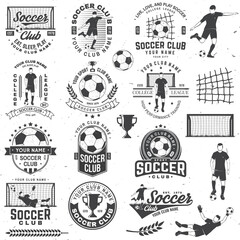 Set of soccer, football club badge design. Vector illustration. For football club sign, logo. Vintage monochrome label, sticker, patch, goalkeeper and gate with soccer and football player silhouettes. © sivvector