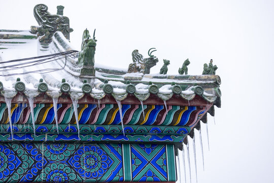 The ancient eaves of the ridge animals in Beijing Ditan Park in winter