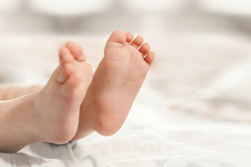 Fototapeta premium two baby legs on the background of white bed linen. copy space. Ukrainian newborn. baby's little toes