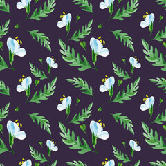 Seamless pattern of wild herbs and buds. Watercolor pattern Capsella Bursa-Pastoris. Wild medicinal herbs, botanical floral texture on a colored background. For textiles, packaging, wallpaper.