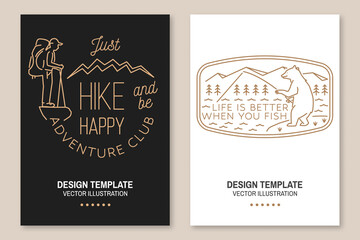 Just Hike and be Happy. Adventure club. Life is better when you fish. Summer camp. Vector. Set of Line art flyer, brochure, banner, poster with hiker, fishing bear, mountains and forest.