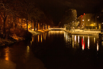 Helge river in a winter night in Kristianstad, Sweden