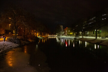 Helge river in a winter night in Kristianstad, Sweden
