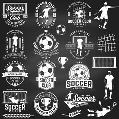 Set of soccer, football club badge design. Vector illustration. For football club sign, logo. Vintage monochrome label, sticker, patch, goalkeeper and gate with soccer and football player silhouettes.