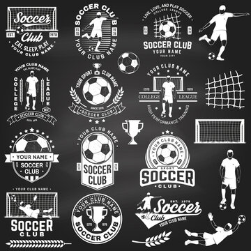 Set of soccer, football club badge design. Vector illustration. For football club sign, logo. Vintage monochrome label, sticker, patch, goalkeeper and gate with soccer and football player silhouettes.