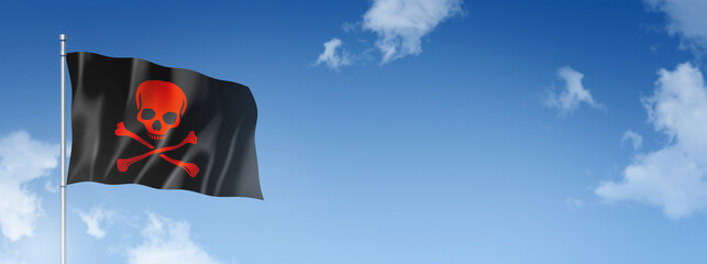 Pirate flag, Jolly Roger isolated on a blue sky. Horizontal banner - obrazy, fototapety, plakaty
