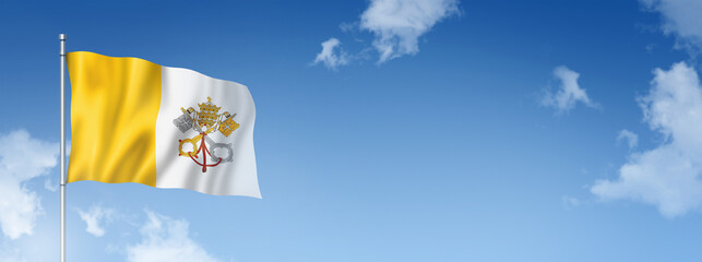 Vatican City flag isolated on a blue sky. Horizontal banner
