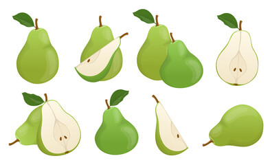 Green pears set. Vector illustrations of sweet ripe pieces and slices. Cartoon whole juice garden fruit with leaf or cut in half or quarter isolated white. Nature, vegetarian food dessert concept