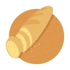 wooden plate with sliced loaf of white bread. Cartoon vector isolated on white background