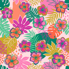 Hand drawn hibiscus and tropical leaf seamless pattern for summer holidays background.