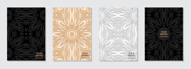 Cover design set, vertical templates, place for text. Collection of embossed elegant light backgrounds. Ethnic 3D pattern. Handmade technique. Motives of the East, Asia, India, Mexico, Aztecs, Peru.