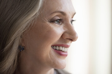 Happy dreamy mature grey haired lady face with makeup close up. Pretty retired woman, pensioner...