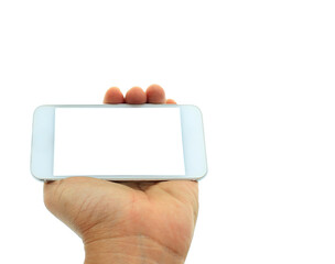 hand holding cell phone show isolated on white background