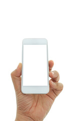 hand holding cell phone show isolated on white background