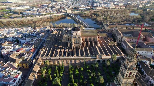 historic town of Cordoba, Spain. Drone flight around Mosque cathedral in Cordoba, tourism in Andalusia, unesco site.