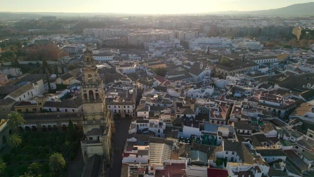 Aerial view of the Alcazar of Cordoba, Spain. Drone flight around Mosque Cathedral in Cordoba, Spain, Spanish history, tourism in Andalusia, unesco site concept