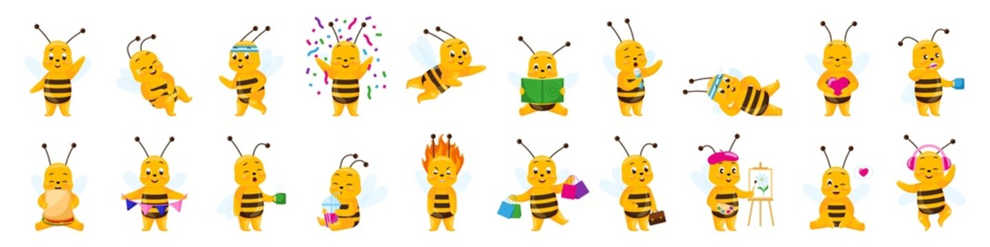 Set of smiling cute cartoon bee character isolated on white background. Collection of funny insect.