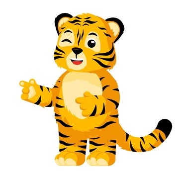 Cute little Tiger winking isolated. Character cartoon striped tiger flirtin.