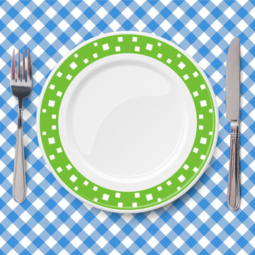 Green Vector Dish With Pattern Of Chaotic White Pattern Placed On Blue Check Classic Table Cloth