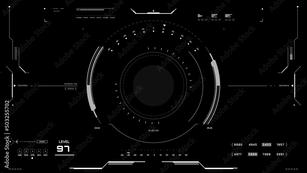Fototapete HUD Futuristic Elements Automatic System Scanning User Screen Interface. Cyberpunk Abstract Screen Scifi UI Monitoring Panel Display Illustration.