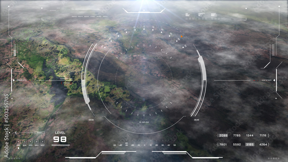 Poster hud aerial view science fiction landscape flying over mountain with ui scanning interface military w