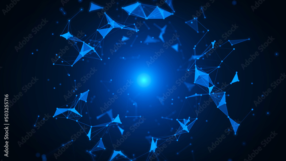 Poster Digital Technology Circle Tunnel Gate Polygon Plexus Data Network Simulation Illustration Background. Blue Scientific Geometric Structure Pattern Concept.