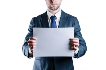 Blank card template. Business man hold template blank board on white background. Empty cardboard.