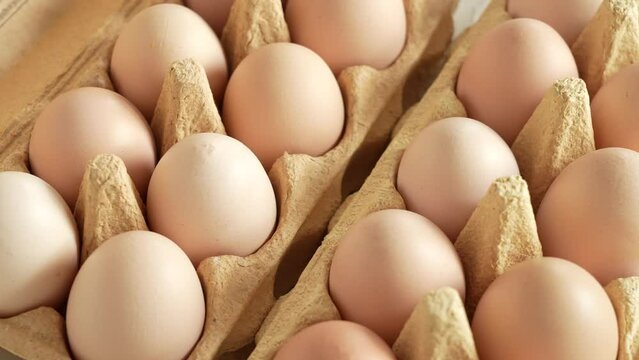Closeup view 4k stock video footage of fresh raw organic chicken eggs from farmer isolated in special carton egg box or package. Food abstract background