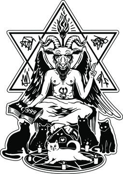 
Baphomet. Vector illustration in engraving technique of demon with goat head, wings and woman body.With black cats and a white cat in the middle.Satanic, occult symbol. Isolated on white background.
