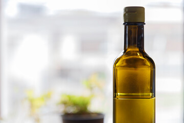 窓際に置かれたオリーブオイルの瓶