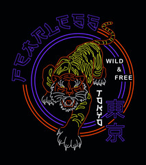 Neon sign print, fearless tiger, with Japanese translation "Tokyo"