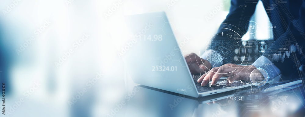Wall mural business intelligence, businessman using laptop computer with global network connection, data exchan