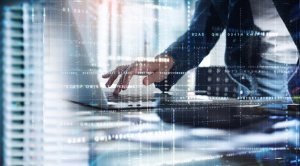 Digital technology, big data storage, digital software development, cyber security concept. Software engineer using computer, remote control with data centre and server room blurred background