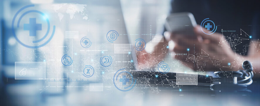 Telemedicine, Medical technology, Digital healthcare, global health network, virtual hospital concept. Doctor working on laptop computer with electronic medical record, health technology icon