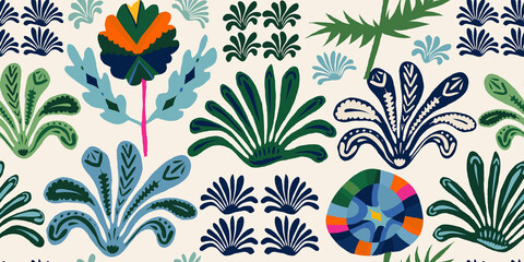 Hand drawn ethnic botanical ornamental pattern. Cute abstract organic shapes print. Collage contemporary design. 