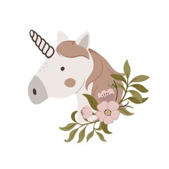 Hand drawn cute unicorn face. Magic horn with floral elements vector illustration. Design for kids posters, cards, wall art prints and clothes.