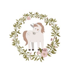 Hand drawn cute unicorn with flowers frame isolated on white background. Magic horn vector illustration. Design for invitation, posters, cards, wall art prints and clothes.