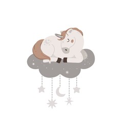 Hand drawn cute unicorn sleep on cloud. Magic horn with stars vector illustration. Childish poster with fairytale animal, invitation, postcard