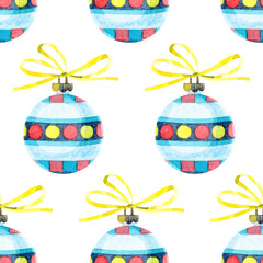 Seamless Christmas pattern with a Christmas toys. An ornament with glass balls. Yellow, red and blue retro Christmas tree toy with a yellow bow. Watercolor illustrations on a white background.