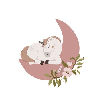 Cute magic unicorn sleep on moon vector illustration. Cartoon dream pony and floral elements isolated on white background. Kids poster, card, invitation, cloth design, nursery decor.