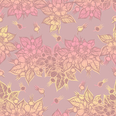 Vector illustration. Rosehip flowers, Handmade, dark  background, seamless pattern