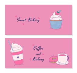 Set of sweet bakery banner with cupcake and coffee