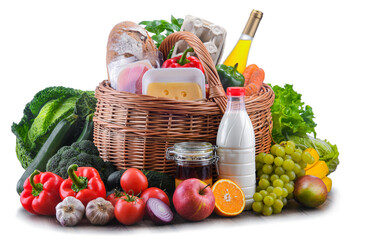 Wicker basket with assorted grocery products