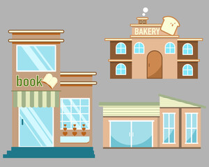 Flat design vector of building book, bakery and home on gray background