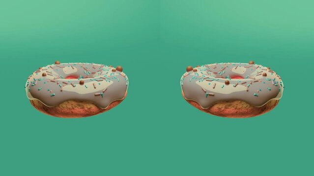 Realistic donut volumetric 3d. Pink icing floats over the background. Background for advertising, courses and business. Appetizing illustration made according to a unique sketch.