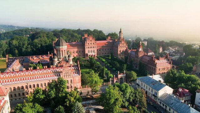 Chernivtsi university in Ukraine, aerial view, flying above a unesco world heritage site in Ukraine, famous historical building in Chernivtsi, Ukraine