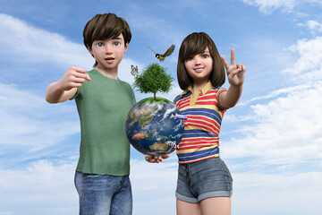 男女の子供が青空の下で、地球のオブジェを持ち、環境について笑顔でポーズをとって訴えている。 - obrazy, fototapety, plakaty