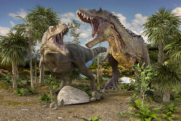 捕食しようと威嚇して歯をむき出しにする二頭のアロサウルスみたいな恐竜