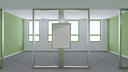 Modern office building interior. 3D rendering.. Mockup.   Empty paintings